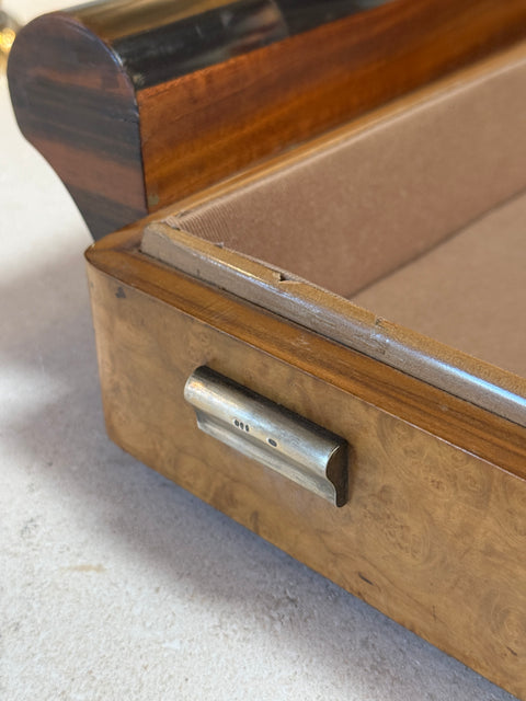 Italian Art Deco Burl Wood and Macassar Ebony Box with Brass Details, 1940s