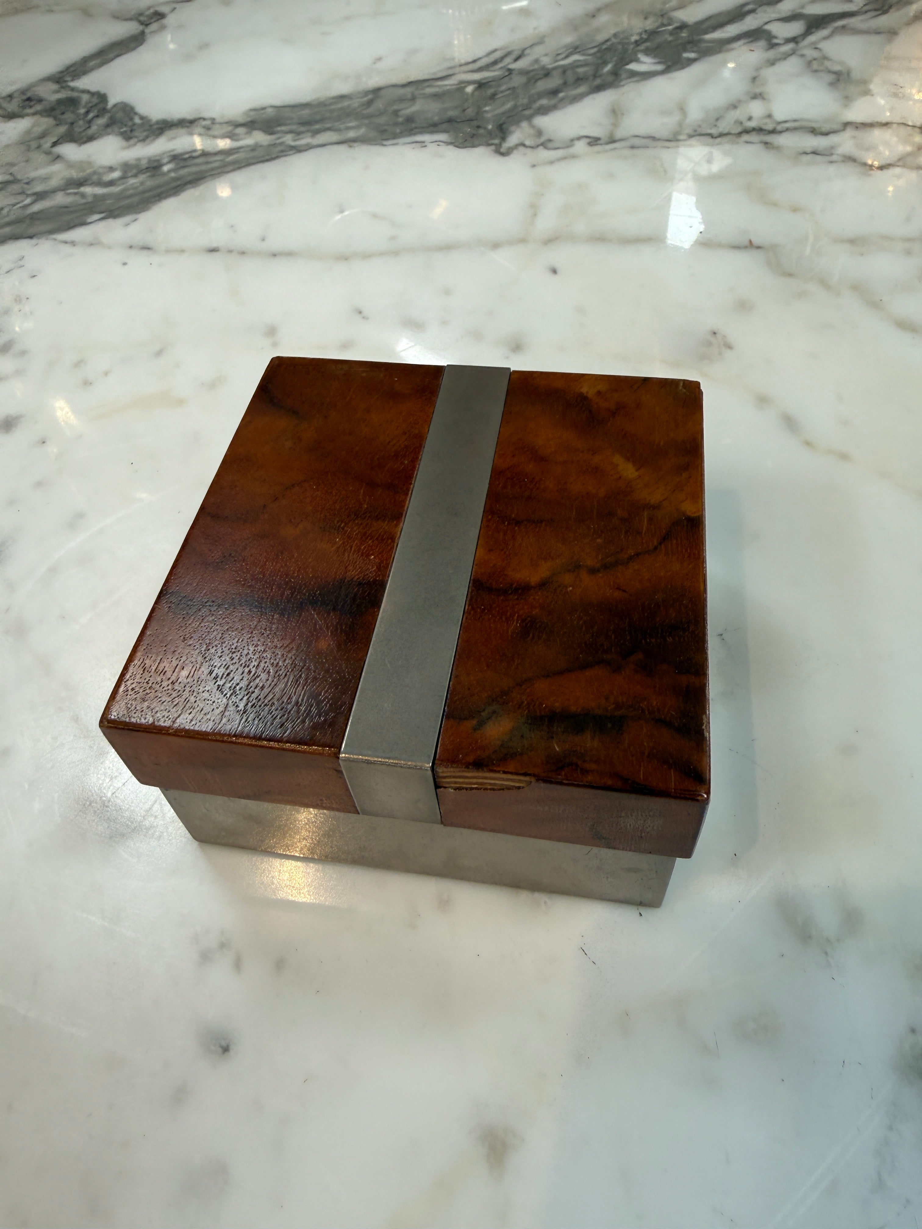 Tommaso Barbi Vintage Burl Wood & Brushed Metal Box