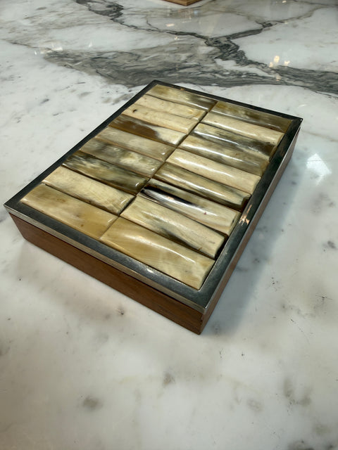 Vintage Tessellated Horn & Wood Box with Metal Trim