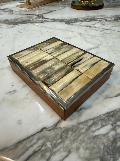Vintage Tessellated Horn & Wood Box with Metal Trim