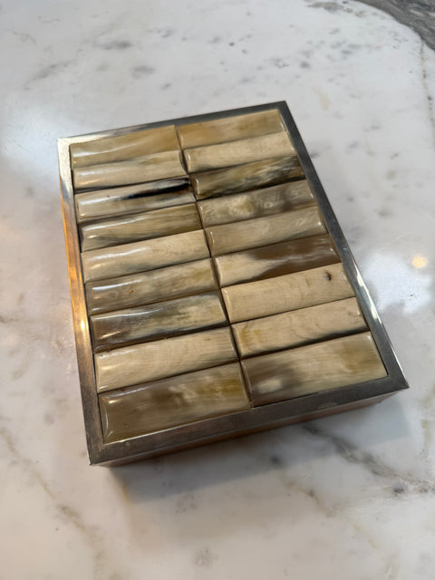 Vintage Tessellated Horn & Wood Box with Metal Trim