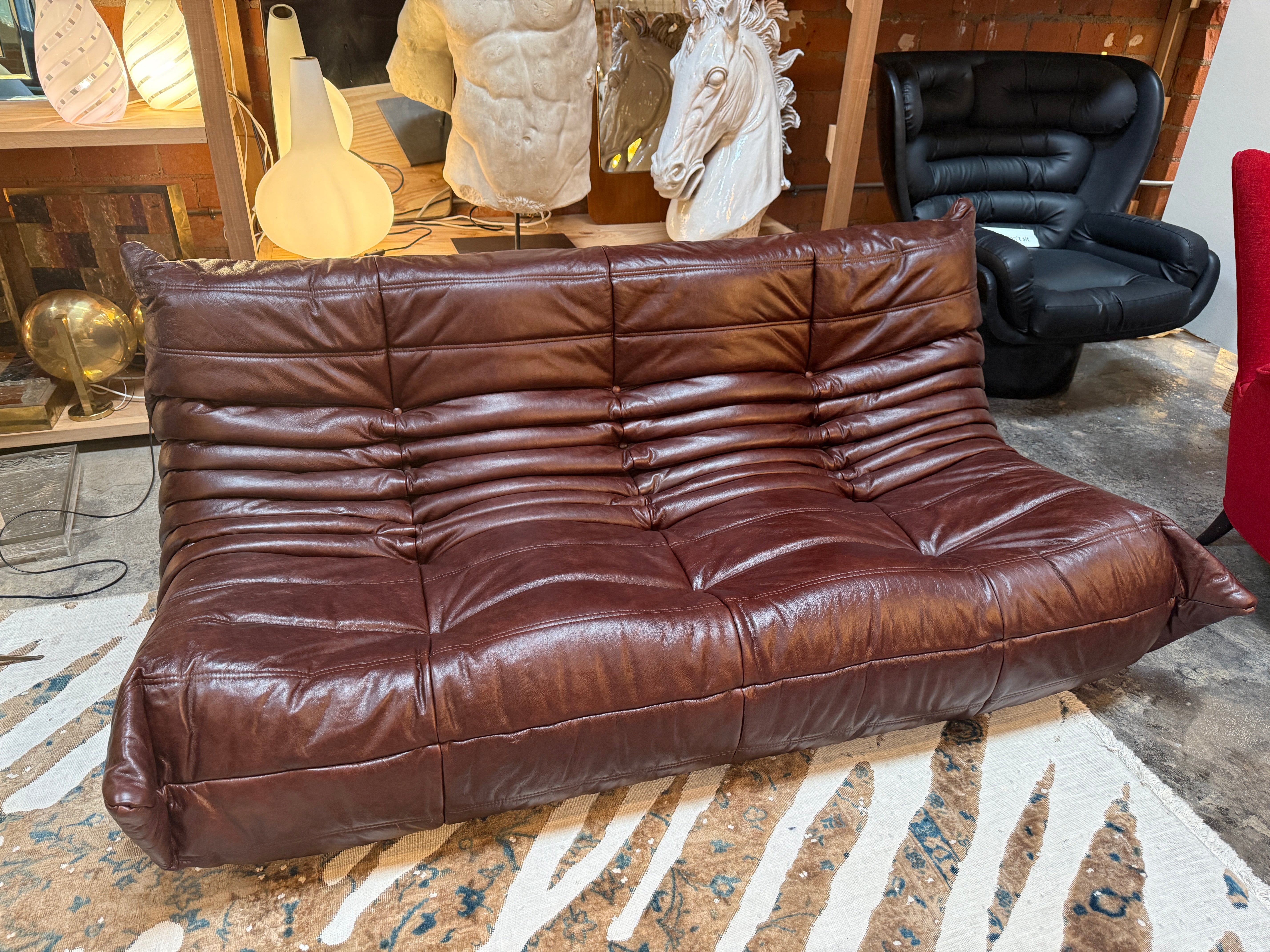 Michel Ducaroy “Togo” Three-Seat Sofa in Deep Brown Leather for Ligne Roset