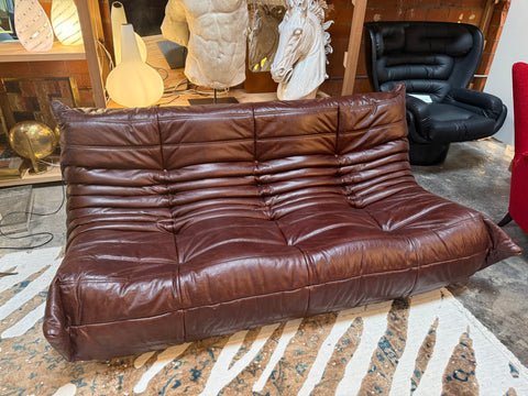 Michel Ducaroy “Togo” Three-Seat Sofa in Deep Brown Leather for Ligne Roset