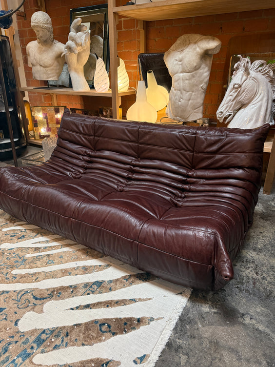 Michel Ducaroy “Togo” Three-Seat Sofa in Deep Brown Leather for Ligne Roset