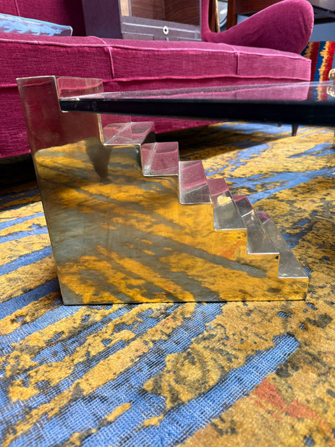 Glass Sculptural Coffee Table with Stepped Pedestal Bases