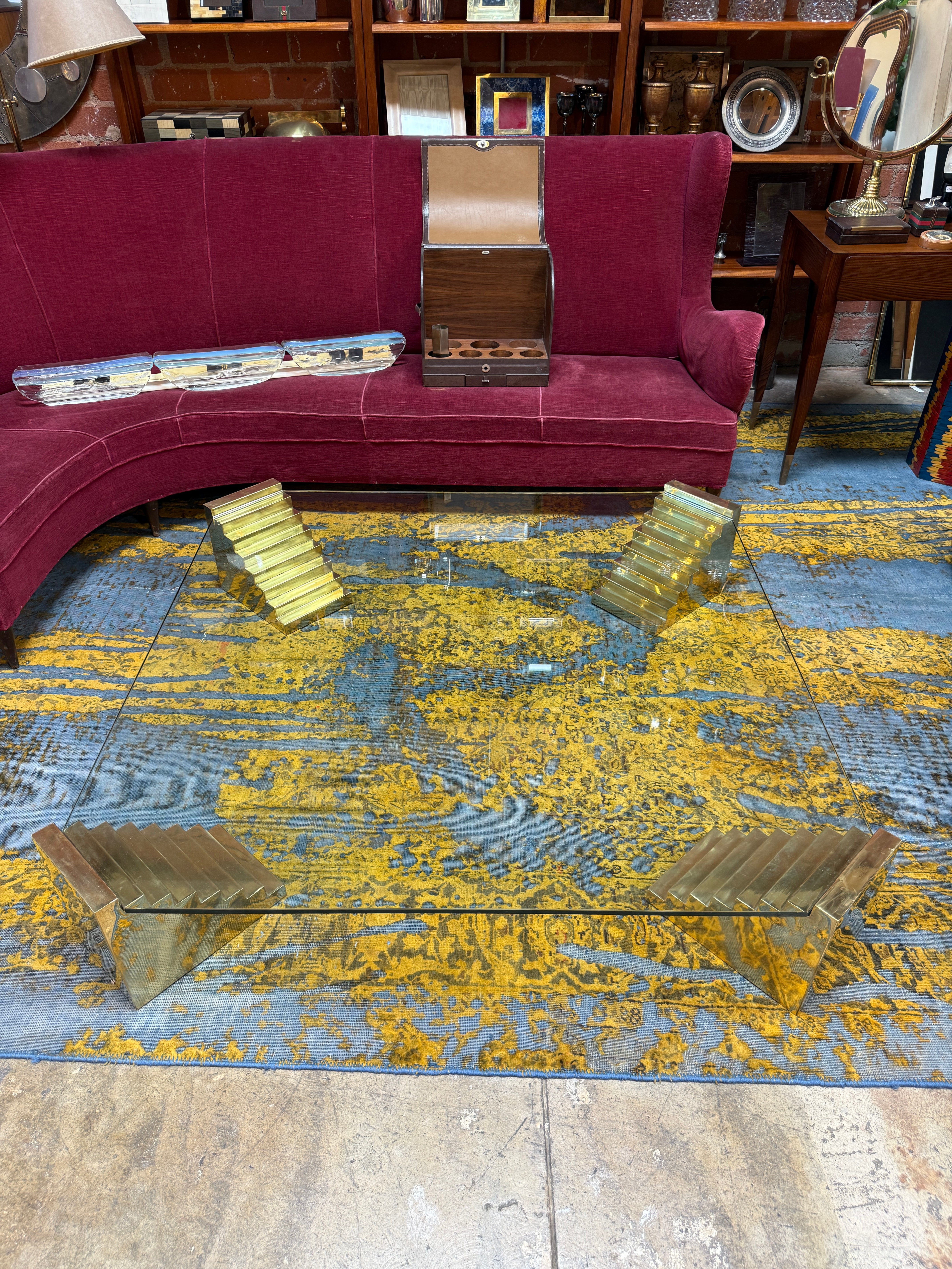 Glass Sculptural Coffee Table with Stepped Pedestal Bases