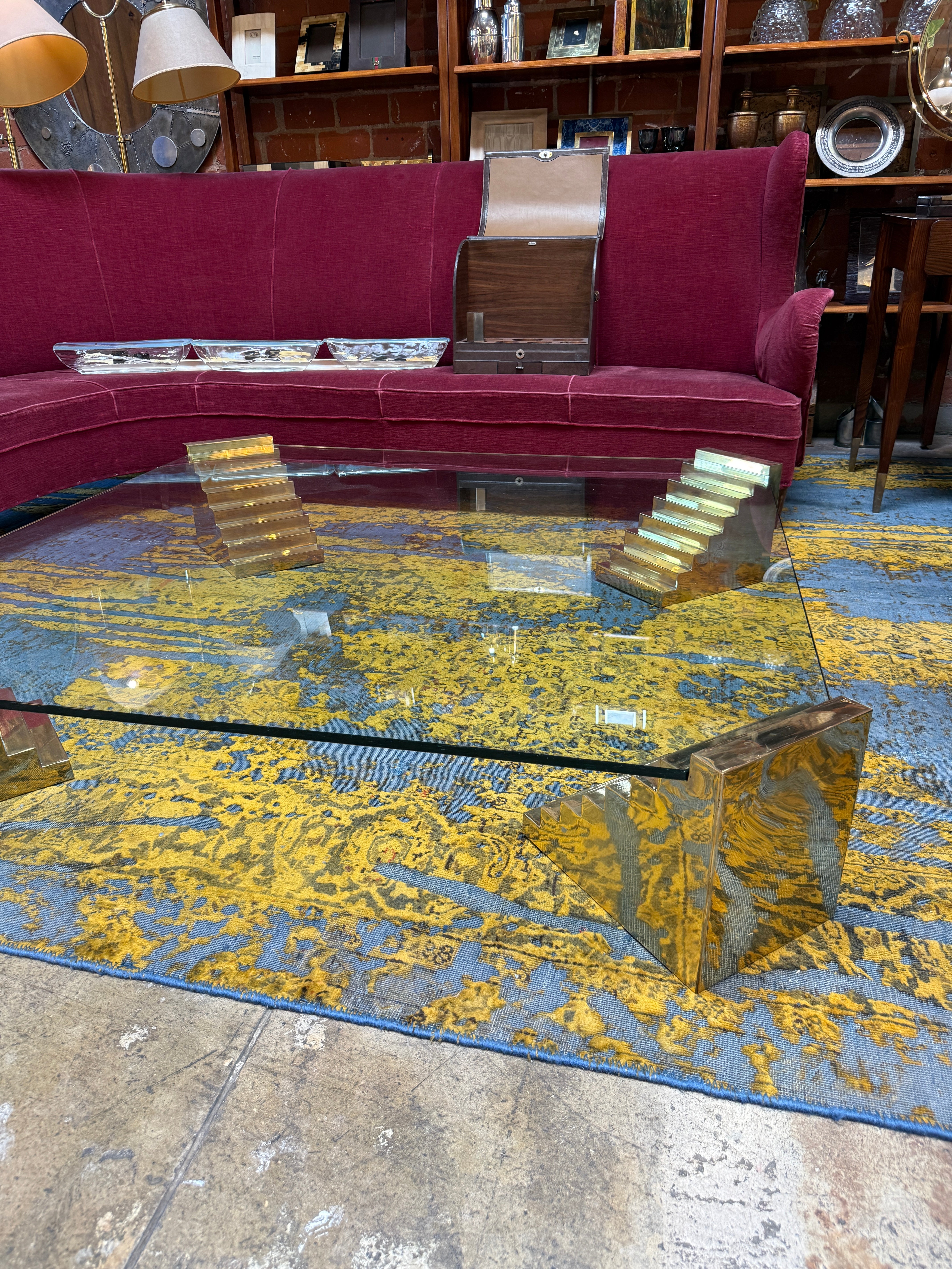 Glass Sculptural Coffee Table with Stepped Pedestal Bases