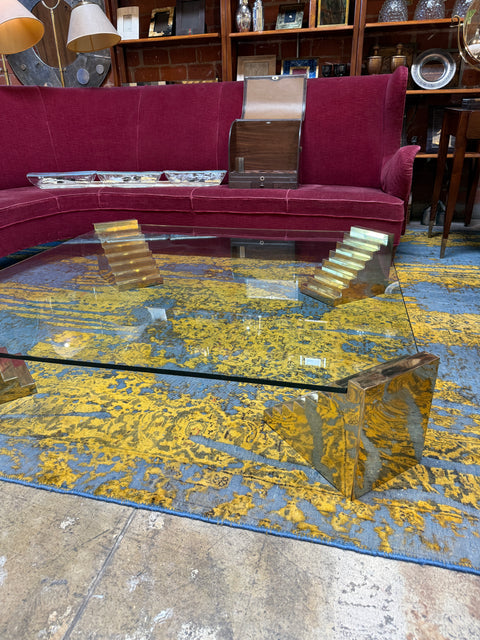 Glass Sculptural Coffee Table with Stepped Pedestal Bases