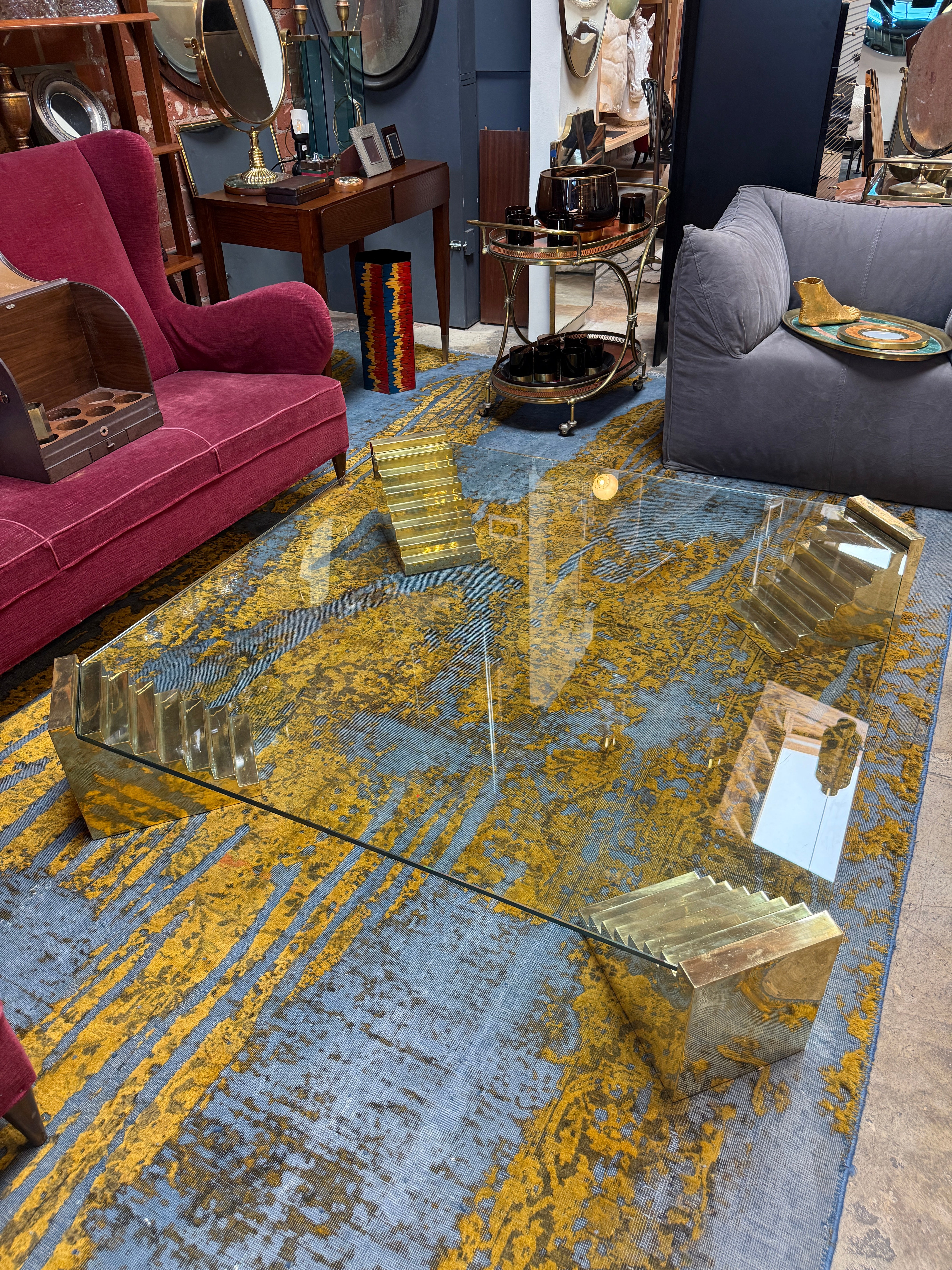 Glass Sculptural Coffee Table with Stepped Pedestal Bases