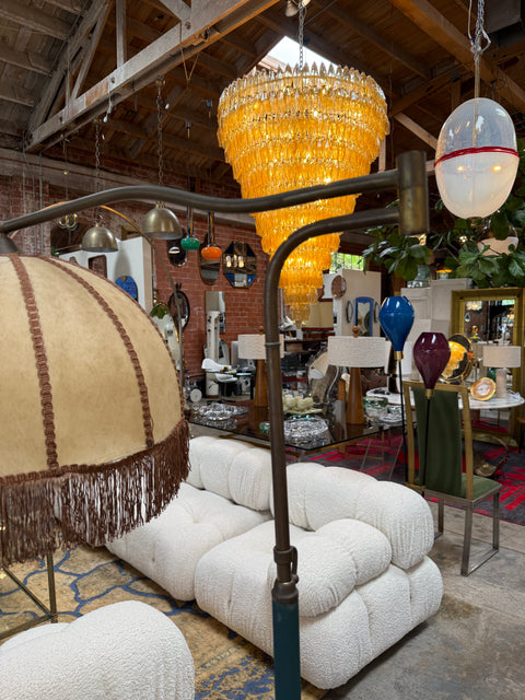 Mid-Century Modern Brass Floor Lamp with Fringe Fabric Shade