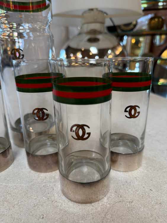 Vintage Gucci Barware Set Pitcher Carafe & High Ball Glasses