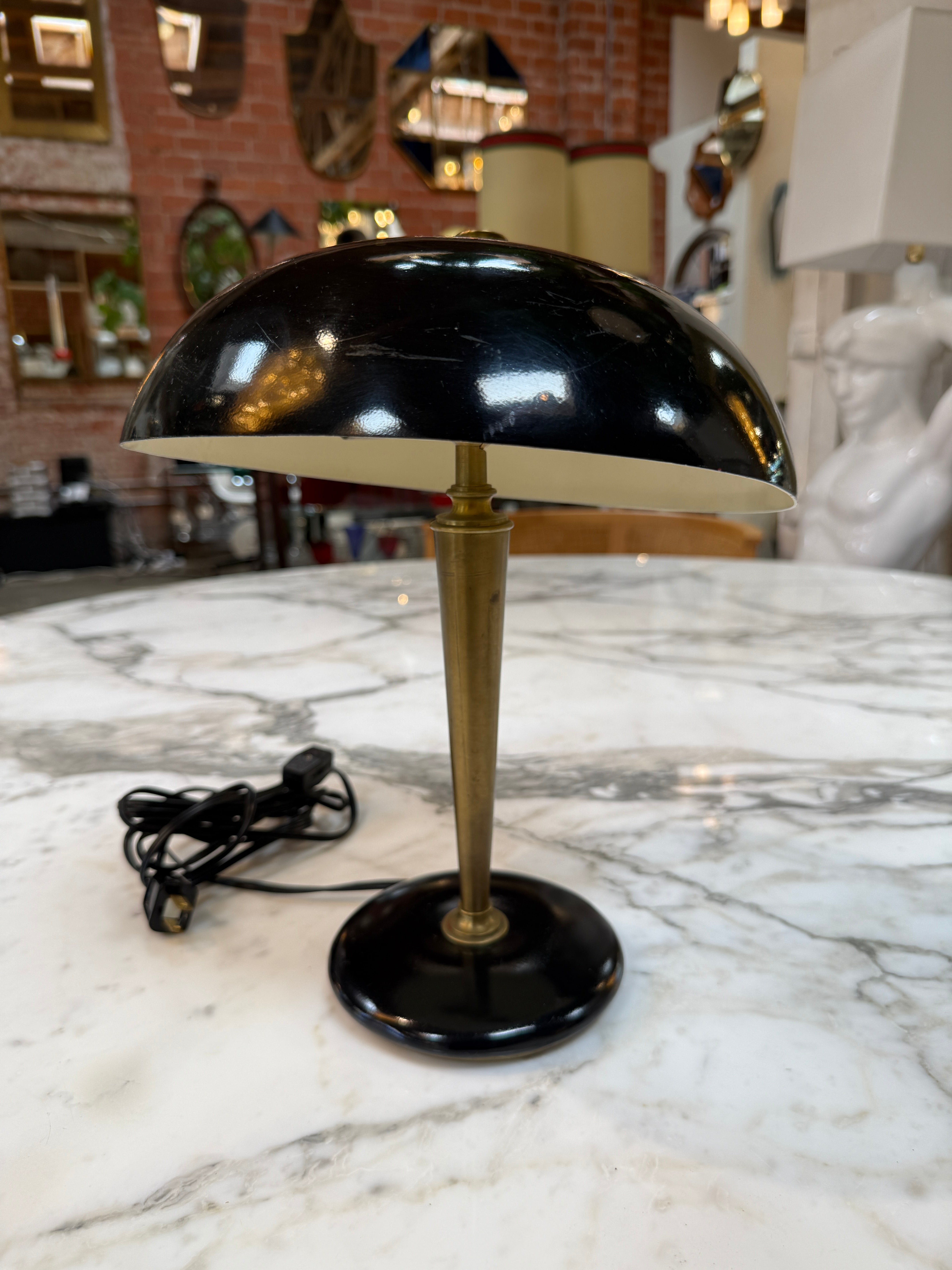 Vintage Black Dome Table Lamp with Brass Stem 1950s