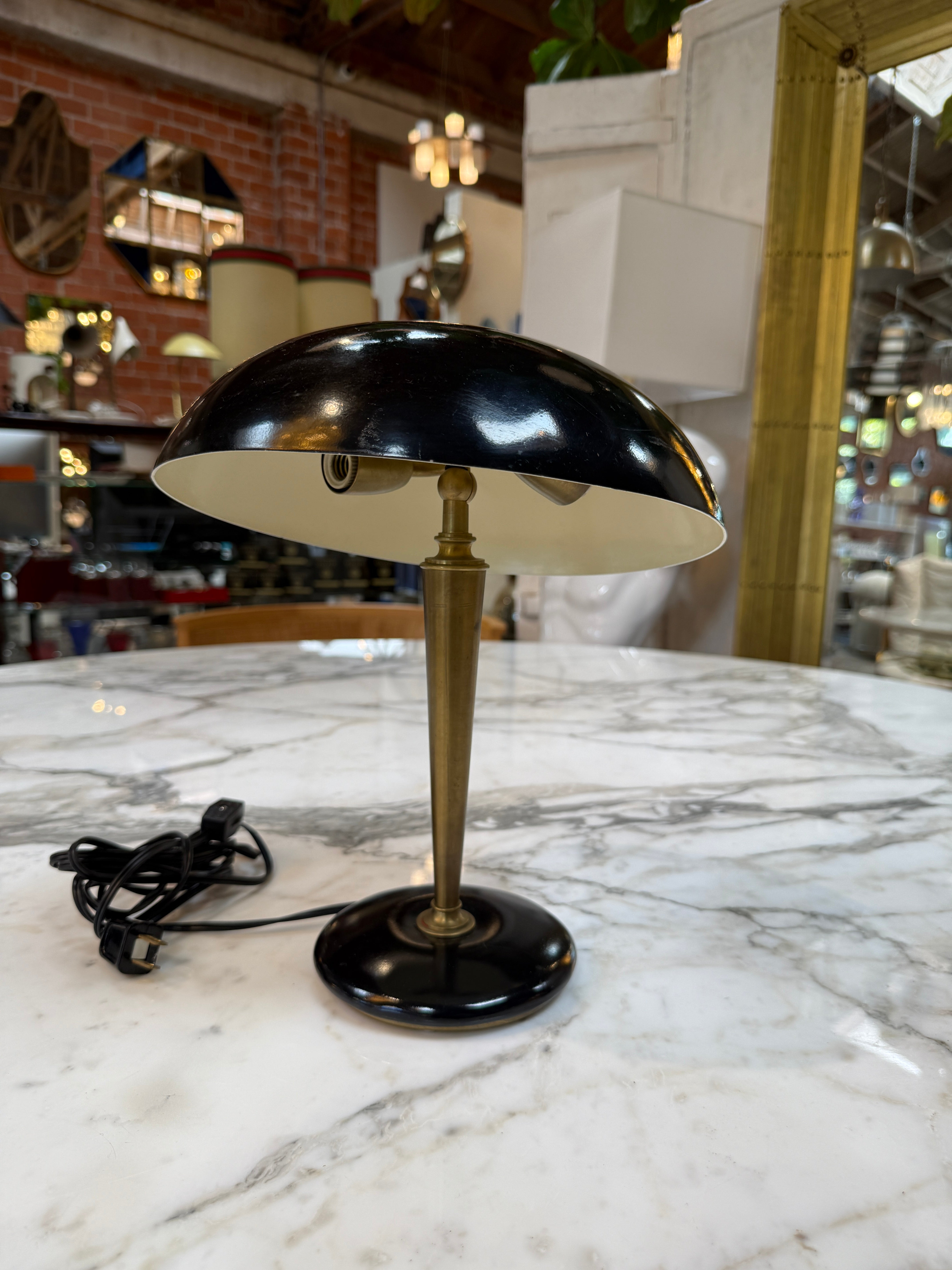 Vintage Black Dome Table Lamp with Brass Stem 1950s