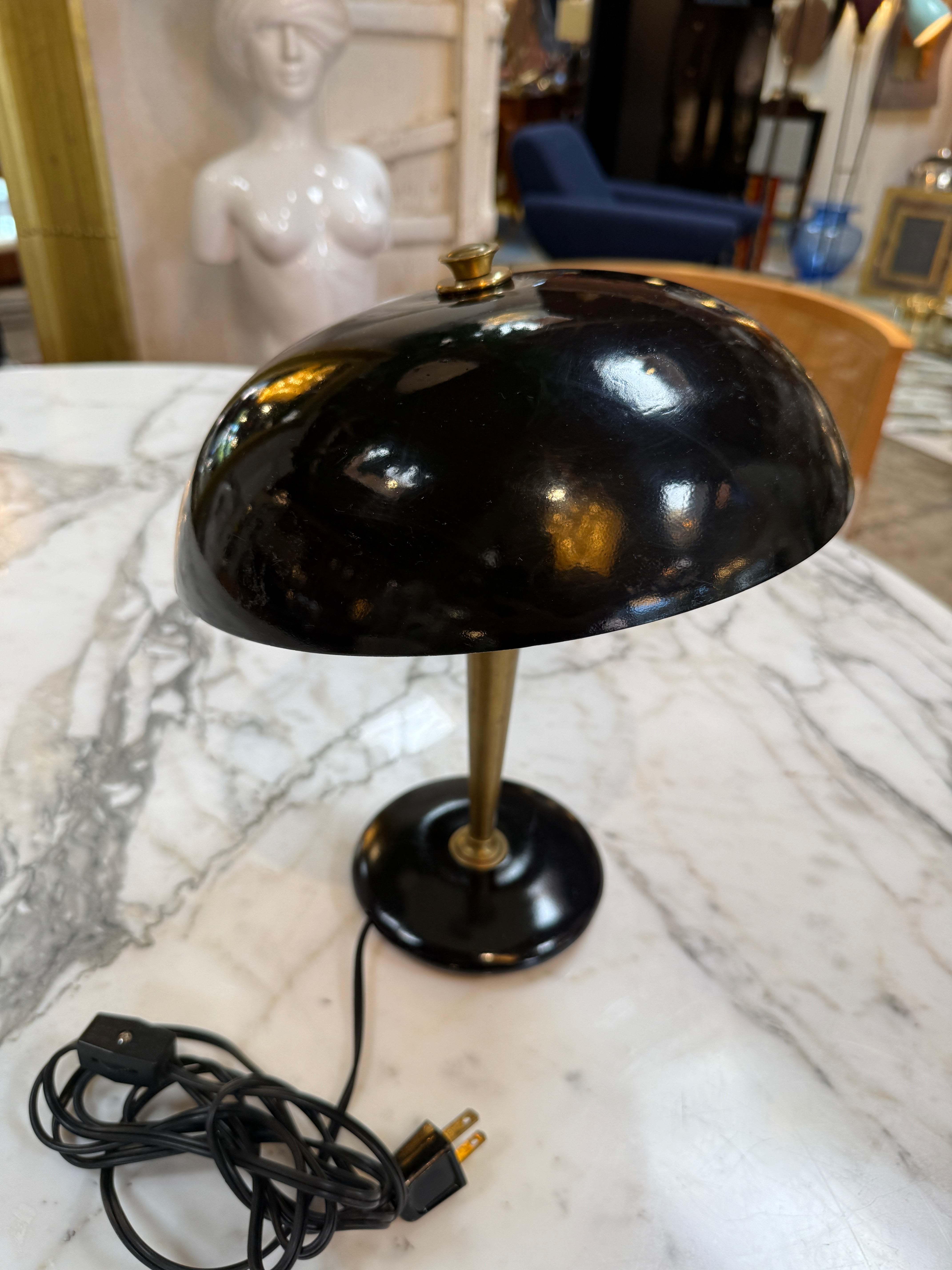Vintage Black Dome Table Lamp with Brass Stem 1950s