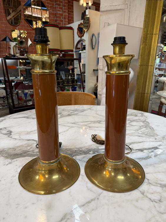 Pair of Mid-Century Modern Brass and Brown Lacquer Table Lamps