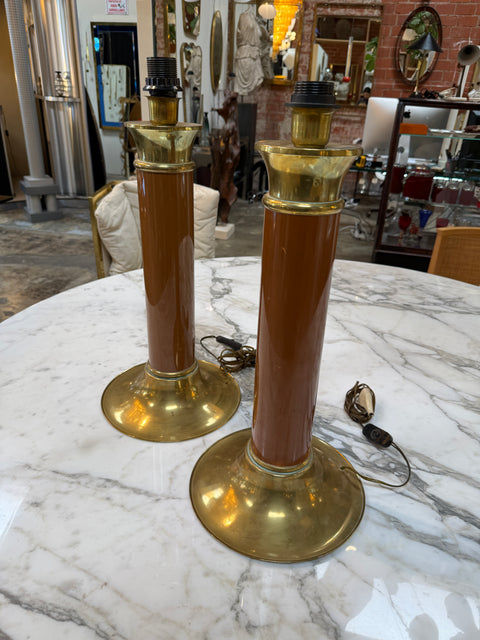Pair of Mid-Century Modern Brass and Brown Lacquer Table Lamps