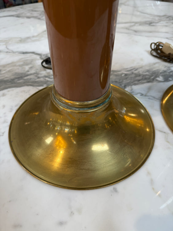 Pair of Mid-Century Modern Brass and Brown Lacquer Table Lamps