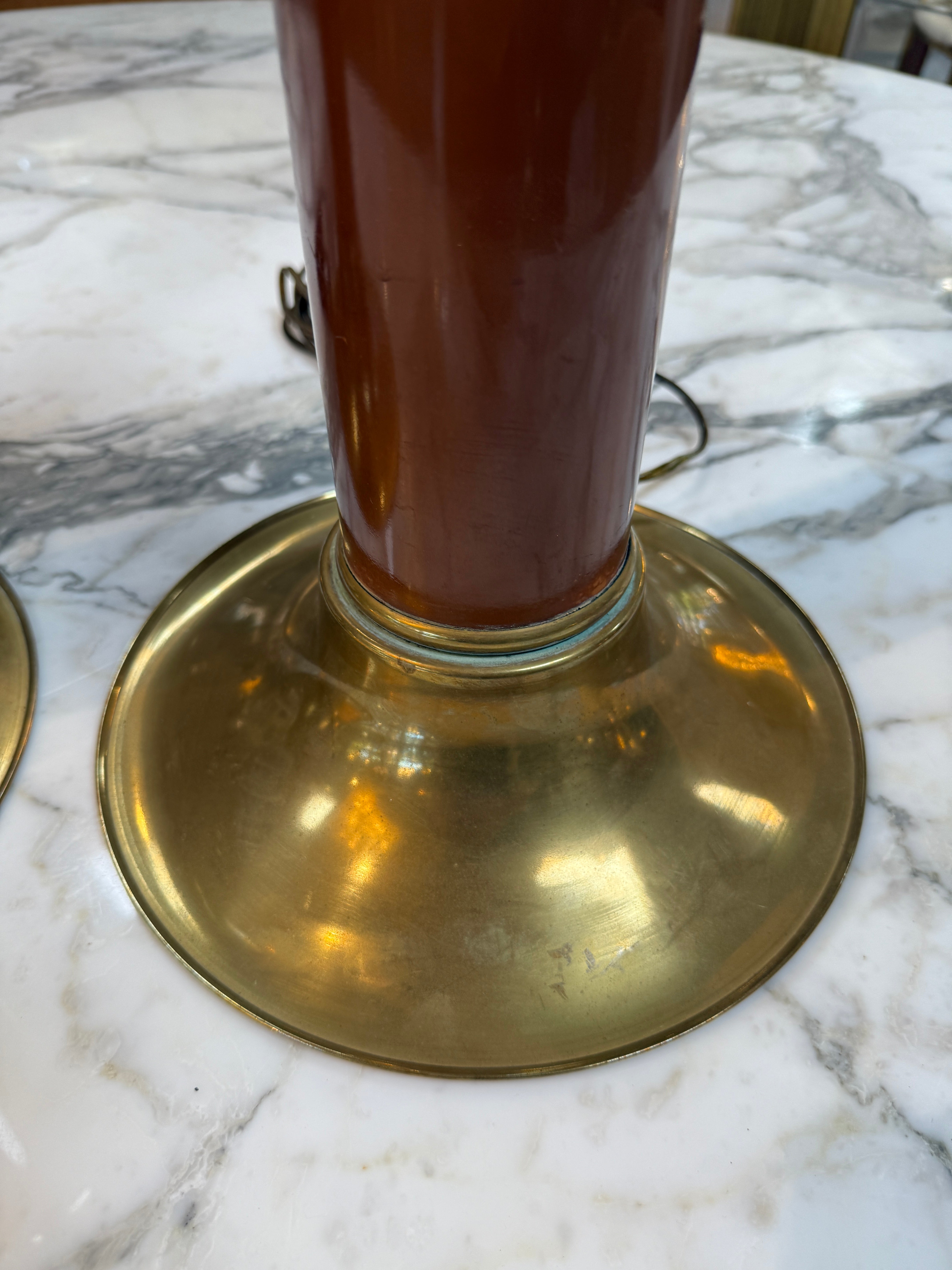 Pair of Mid-Century Modern Brass and Brown Lacquer Table Lamps