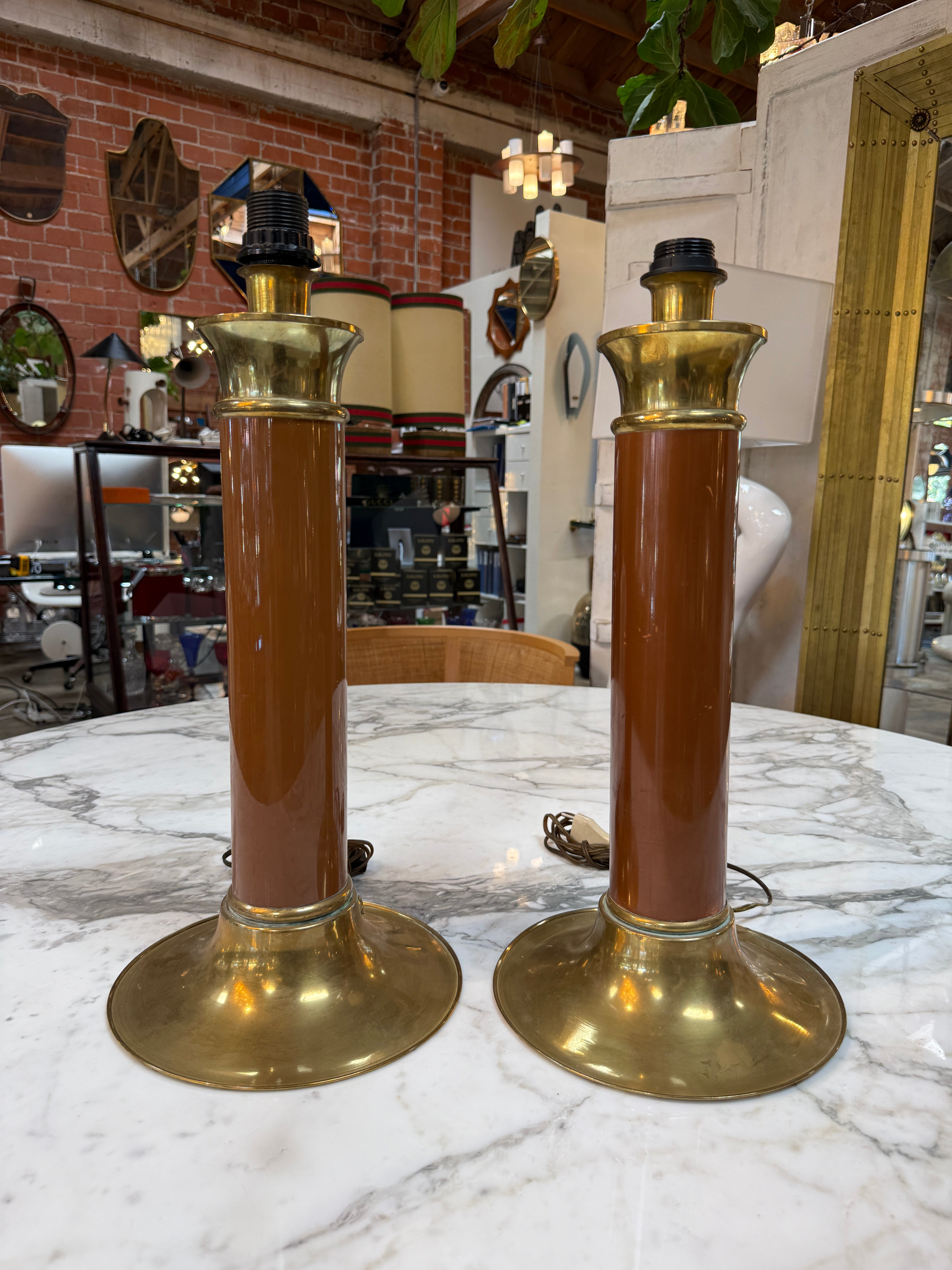 Pair of Mid-Century Modern Brass and Brown Lacquer Table Lamps