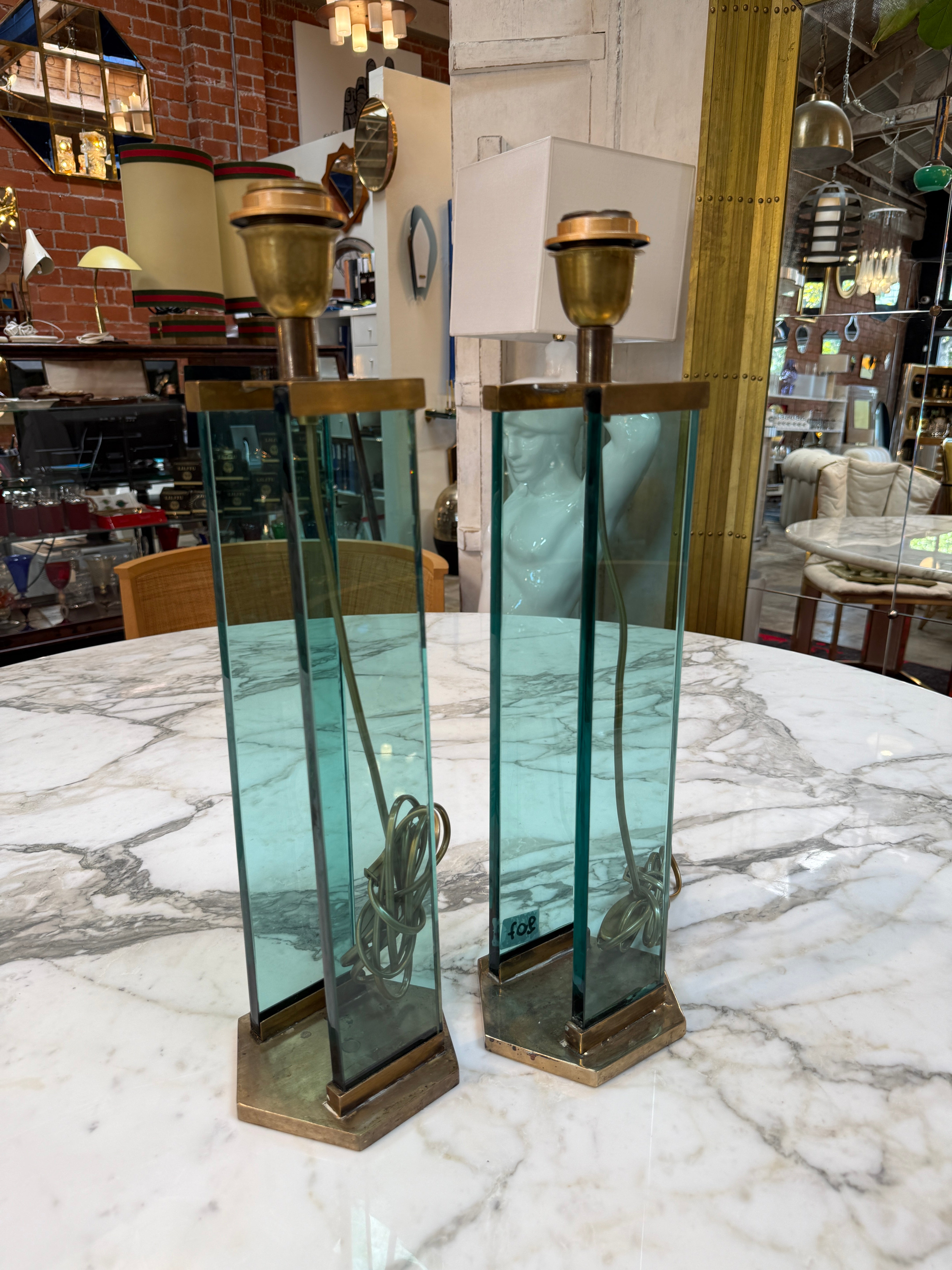 Pair of Fontana Arte Style Brass and Blue Glass Table Lamps
