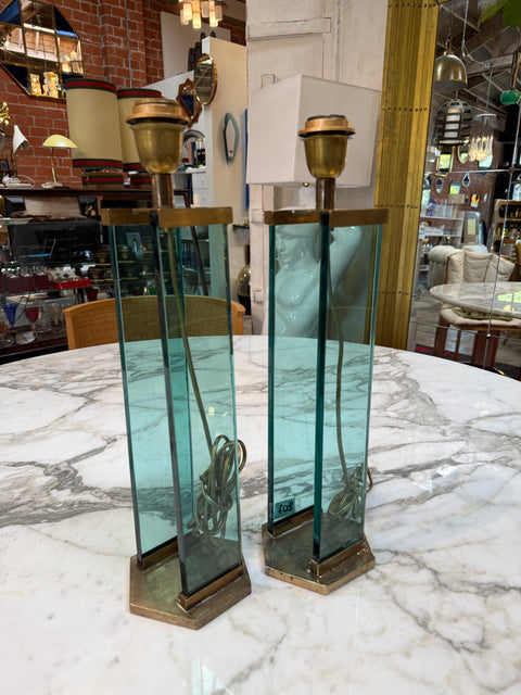 Pair of Fontana Arte Style Brass and Blue Glass Table Lamps