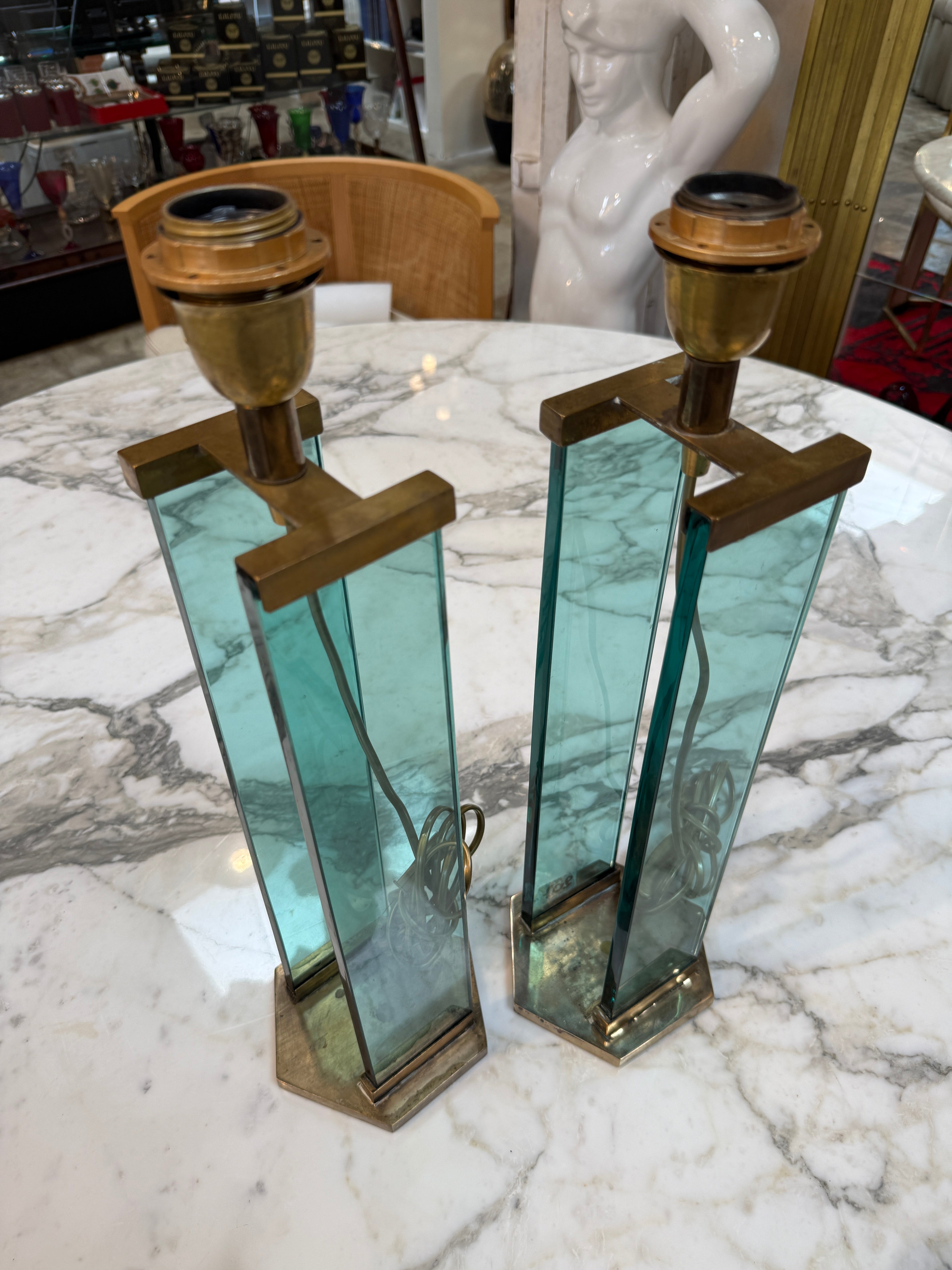 Pair of Fontana Arte Style Brass and Blue Glass Table Lamps