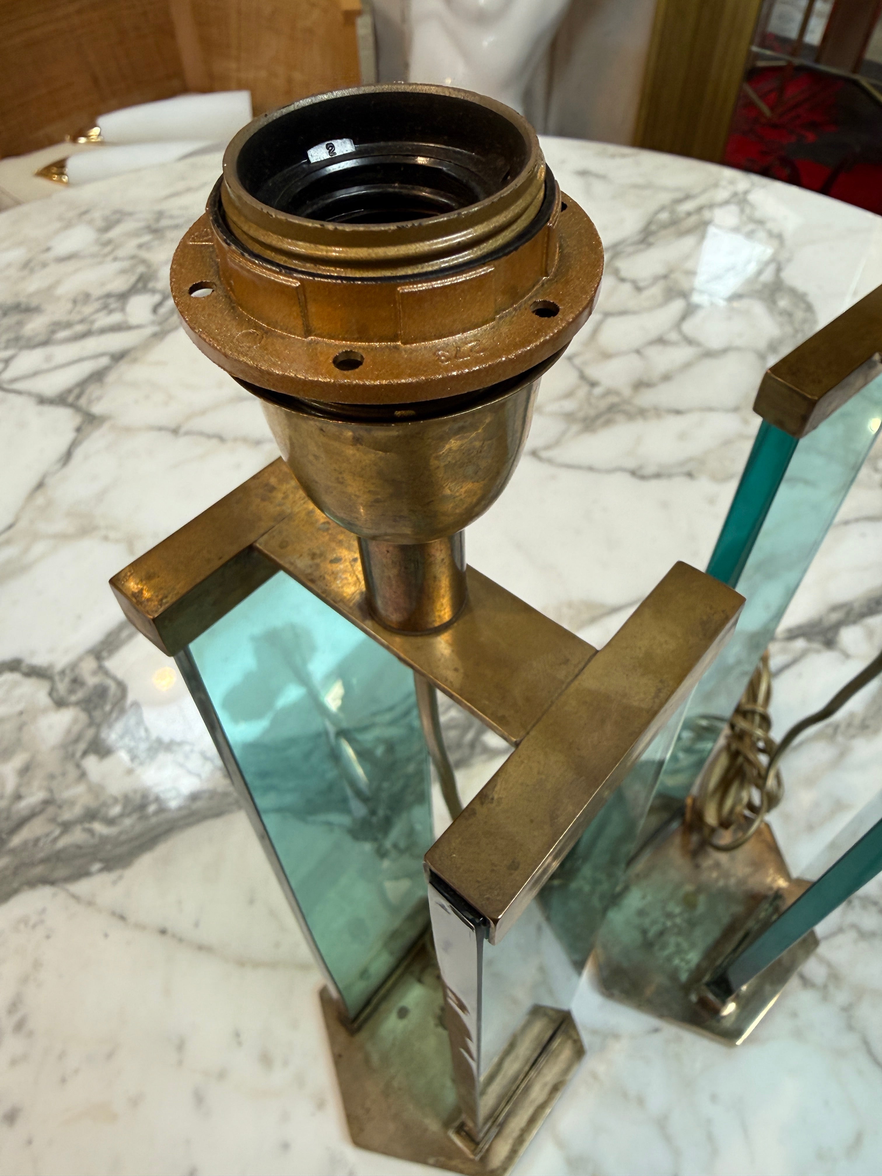 Pair of Fontana Arte Style Brass and Blue Glass Table Lamps
