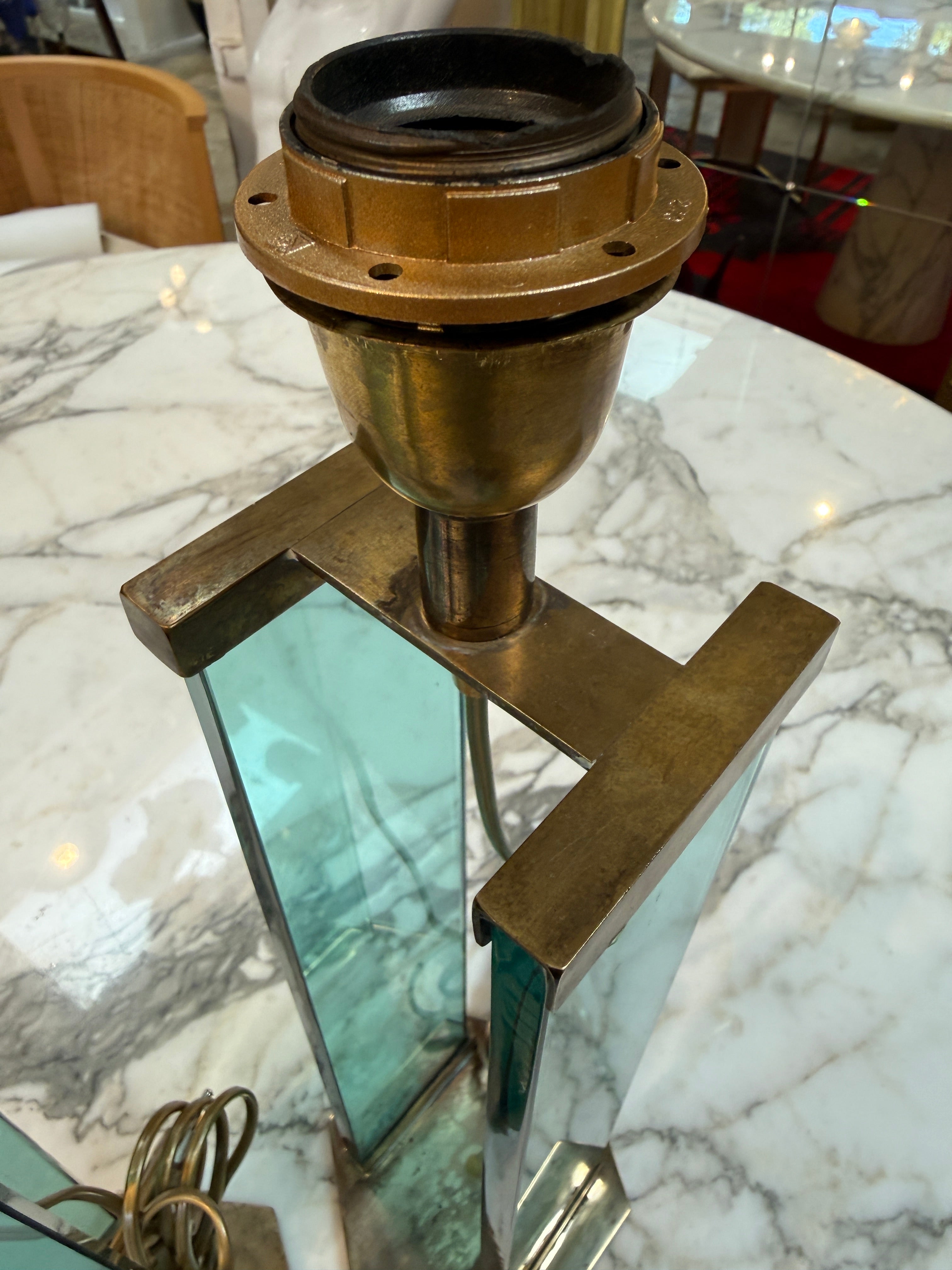 Pair of Fontana Arte Style Brass and Blue Glass Table Lamps