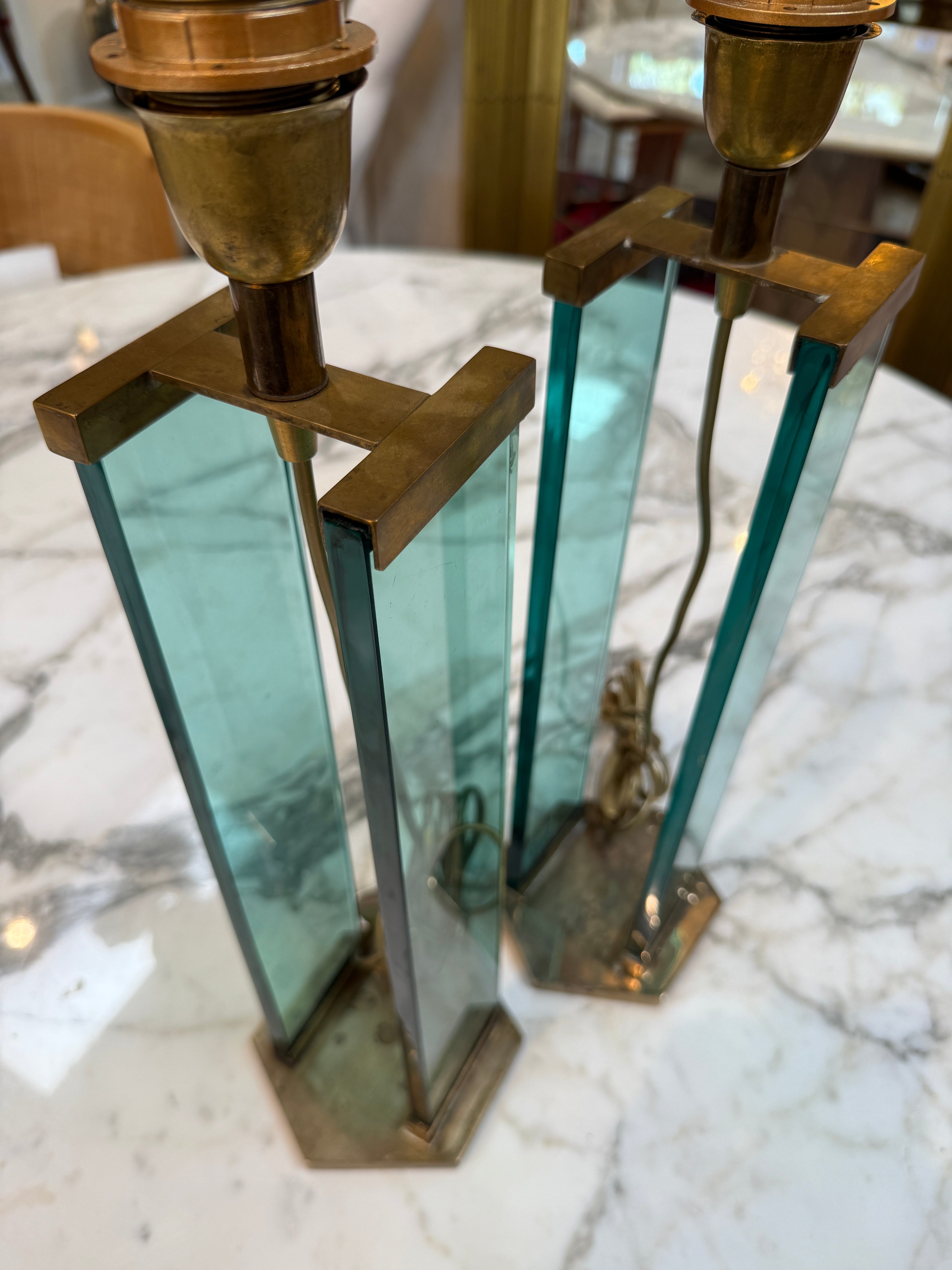 Pair of Fontana Arte Style Brass and Blue Glass Table Lamps