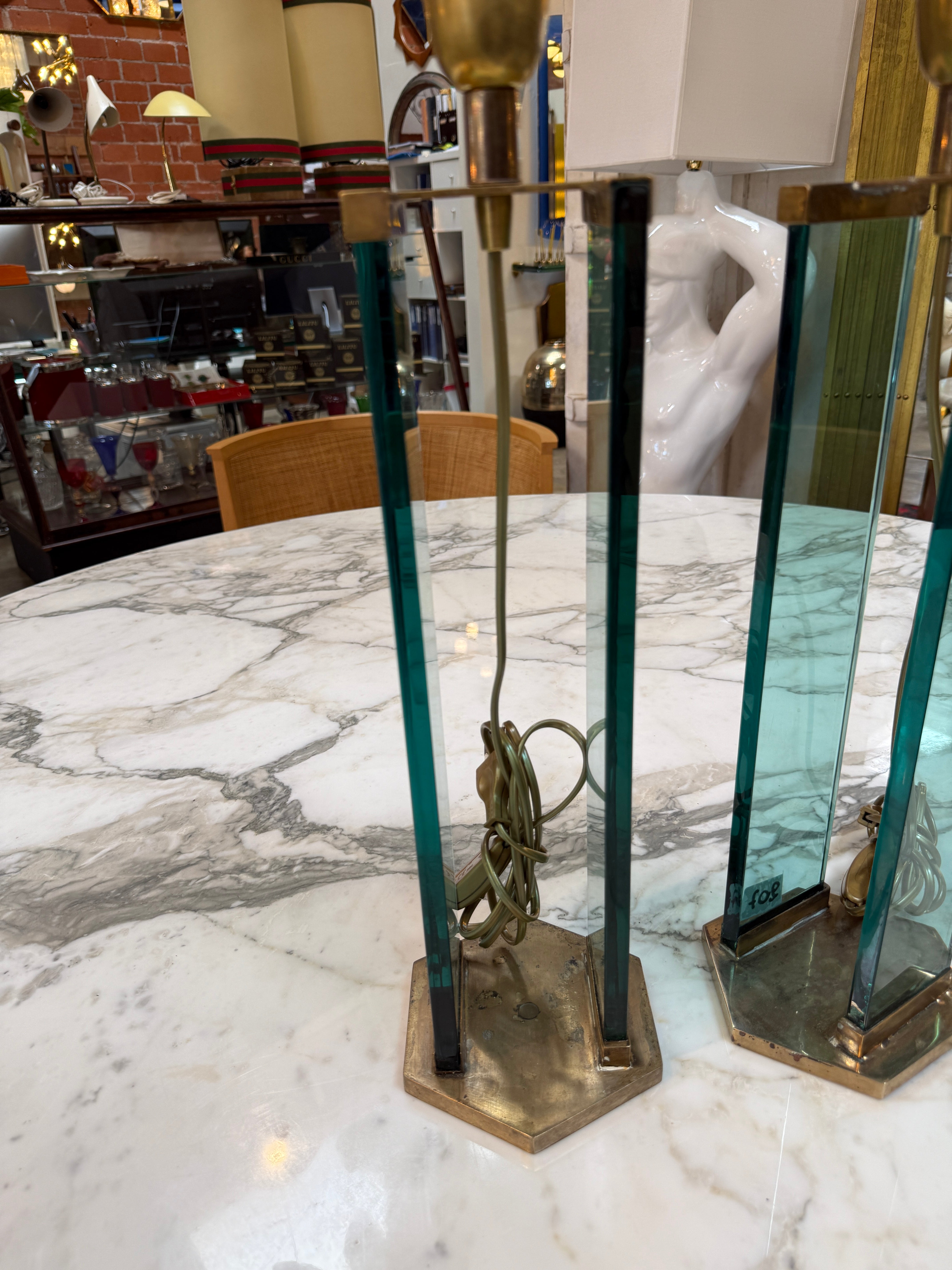 Pair of Fontana Arte Style Brass and Blue Glass Table Lamps