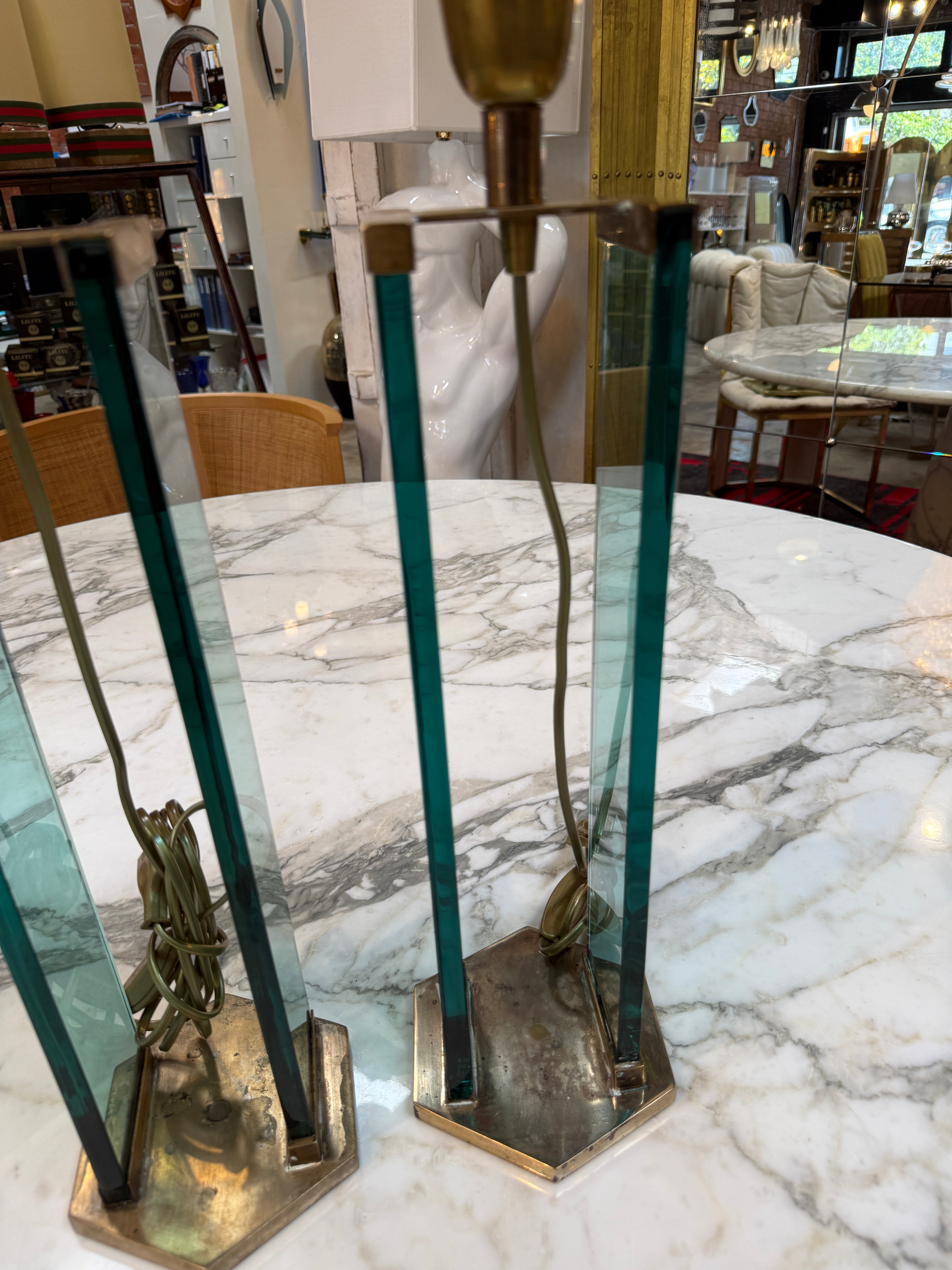 Pair of Fontana Arte Style Brass and Blue Glass Table Lamps