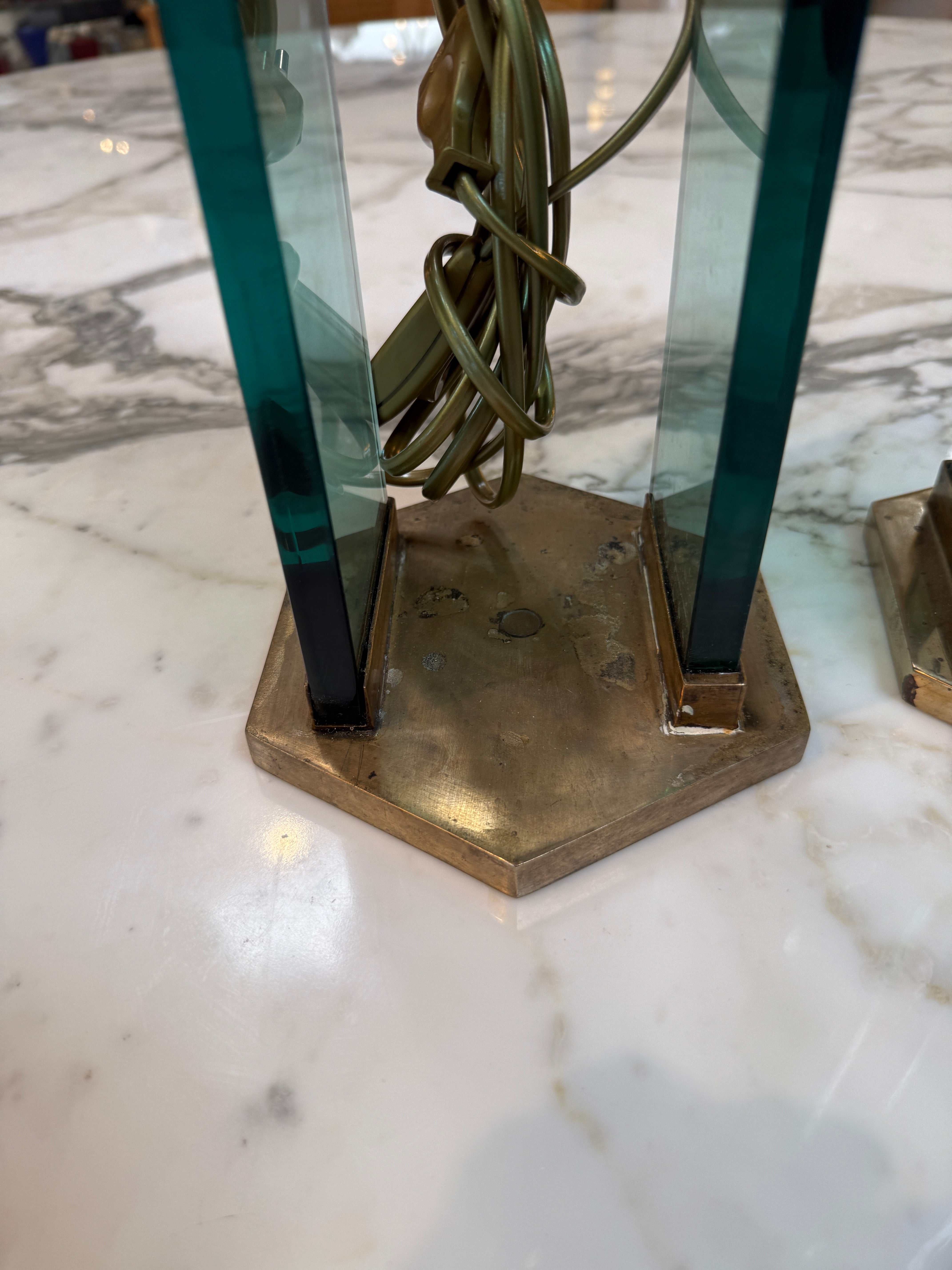 Pair of Fontana Arte Style Brass and Blue Glass Table Lamps