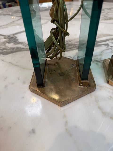 Pair of Fontana Arte Style Brass and Blue Glass Table Lamps
