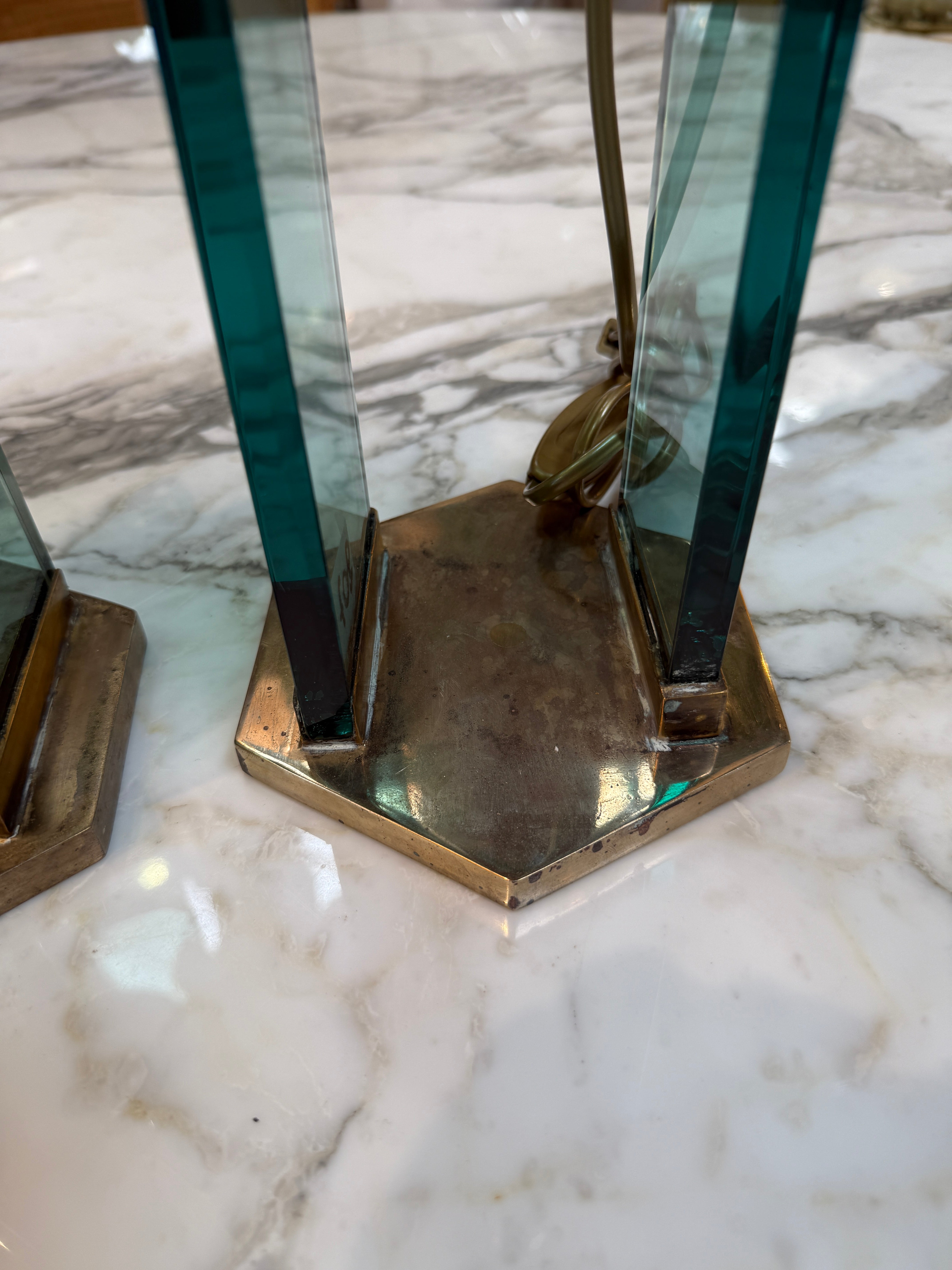Pair of Fontana Arte Style Brass and Blue Glass Table Lamps