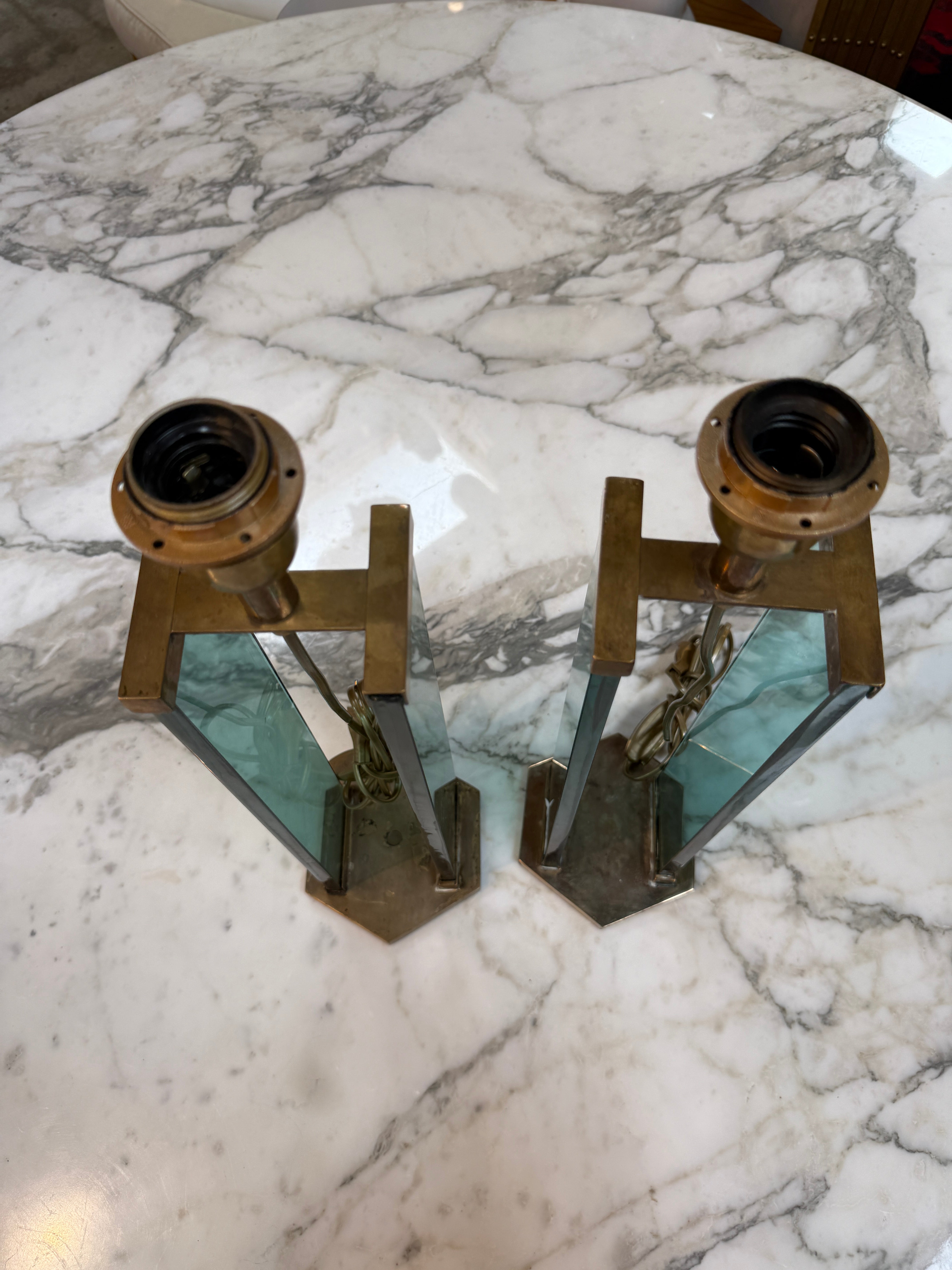 Pair of Fontana Arte Style Brass and Blue Glass Table Lamps