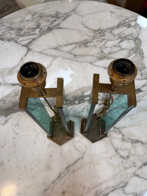 Pair of Fontana Arte Style Brass and Blue Glass Table Lamps