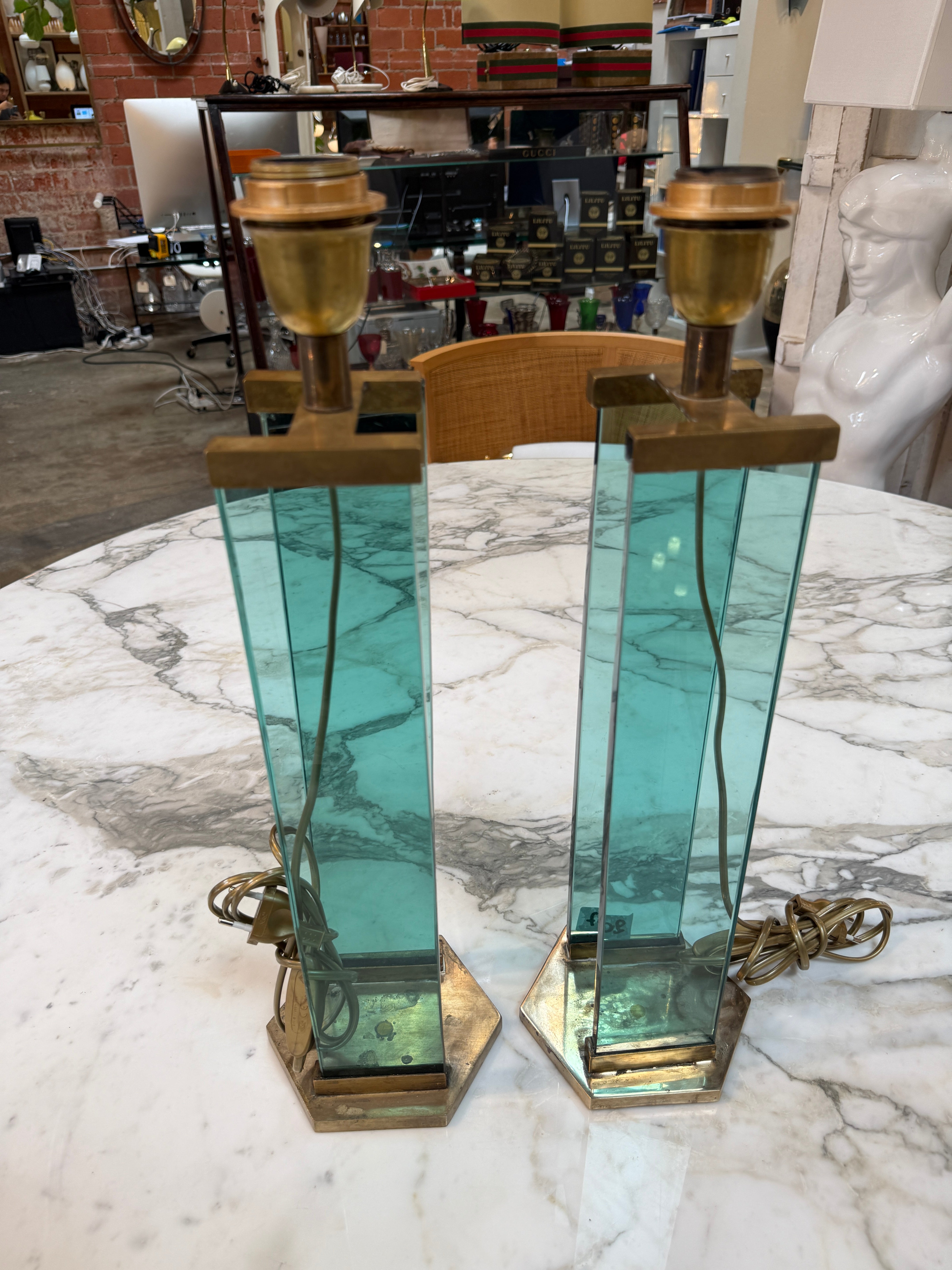 Pair of Fontana Arte Style Brass and Blue Glass Table Lamps