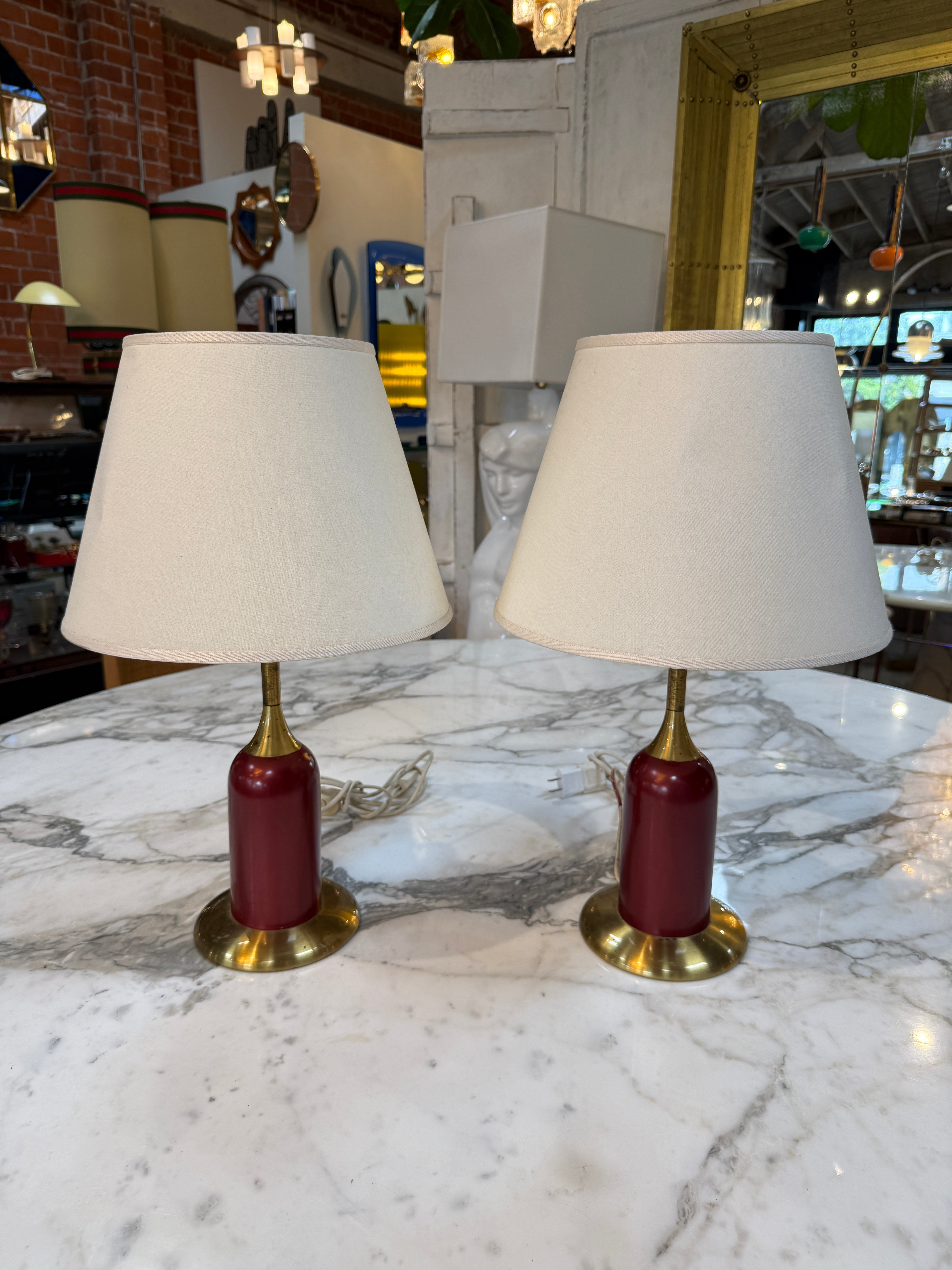 Pair of Vintage Red & Brass Table Lamps with Linen Shades