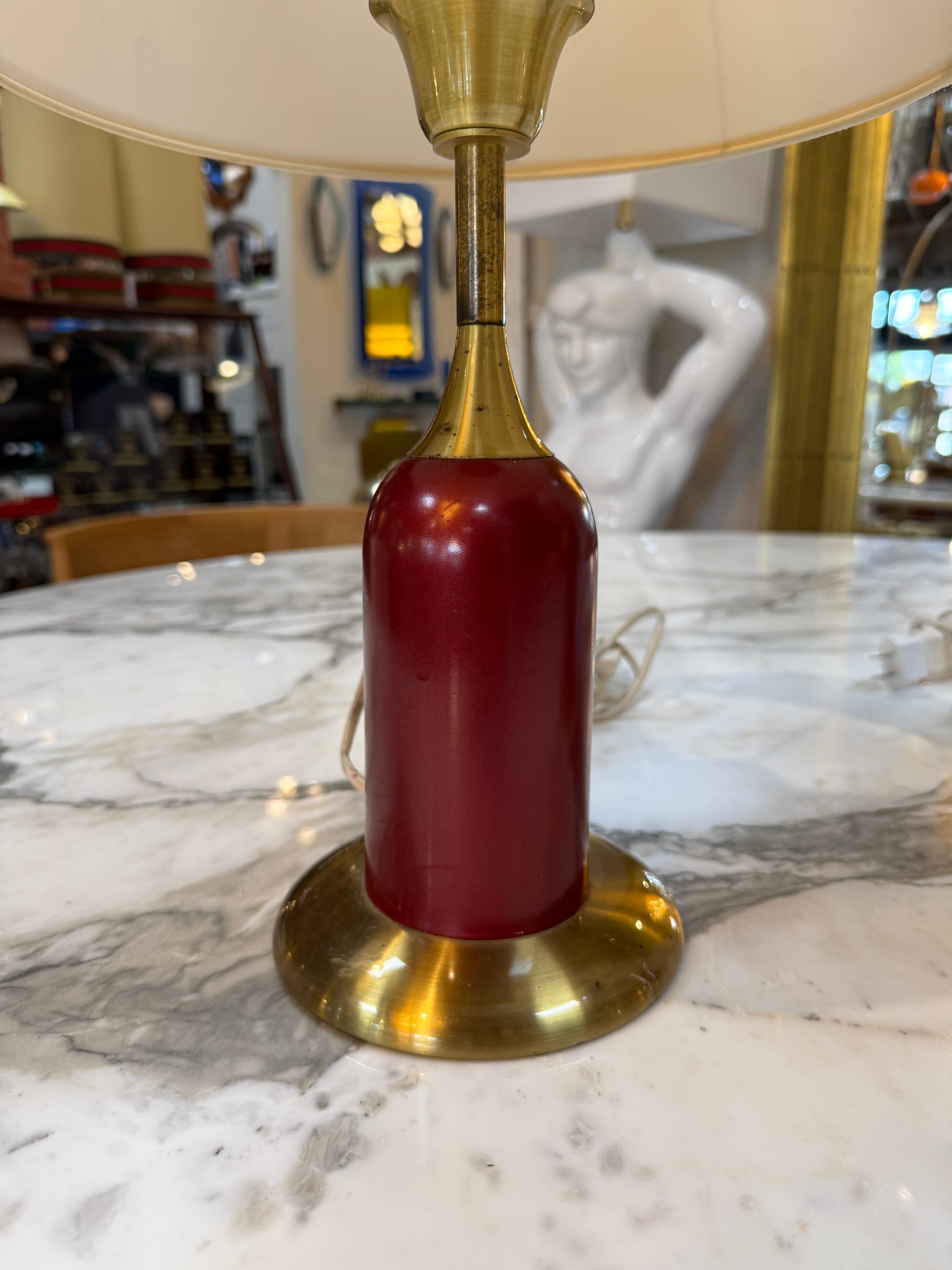 Pair of Vintage Red & Brass Table Lamps with Linen Shades