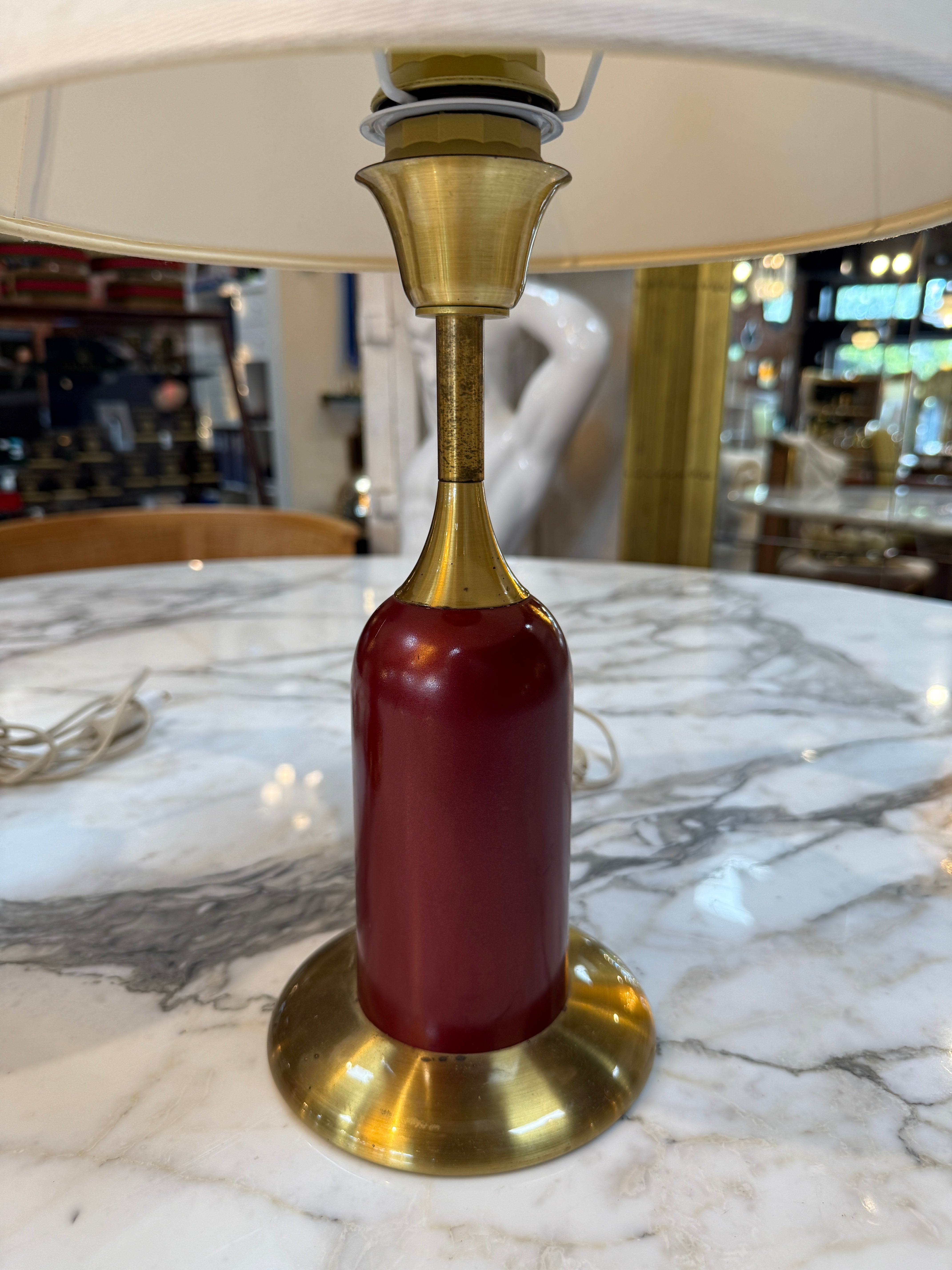 Pair of Vintage Red & Brass Table Lamps with Linen Shades