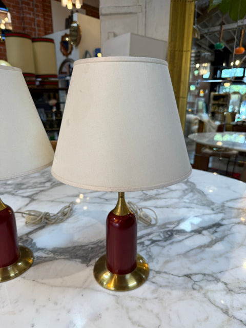 Pair of Vintage Red & Brass Table Lamps with Linen Shades