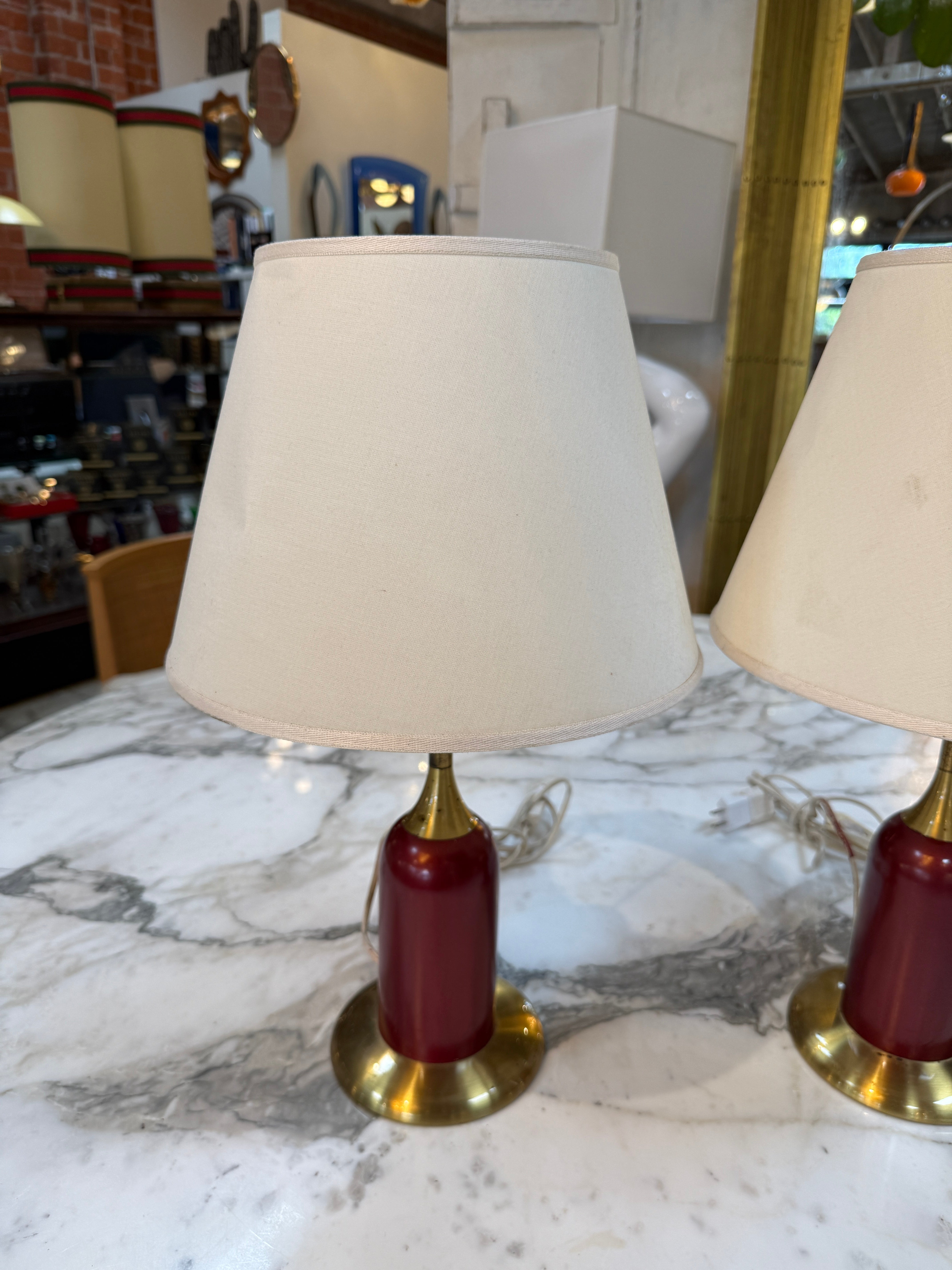 Pair of Vintage Red & Brass Table Lamps with Linen Shades