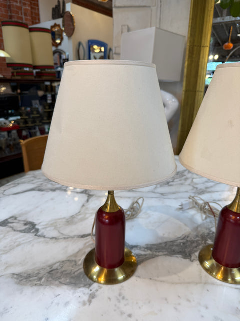 Pair of Vintage Red & Brass Table Lamps with Linen Shades