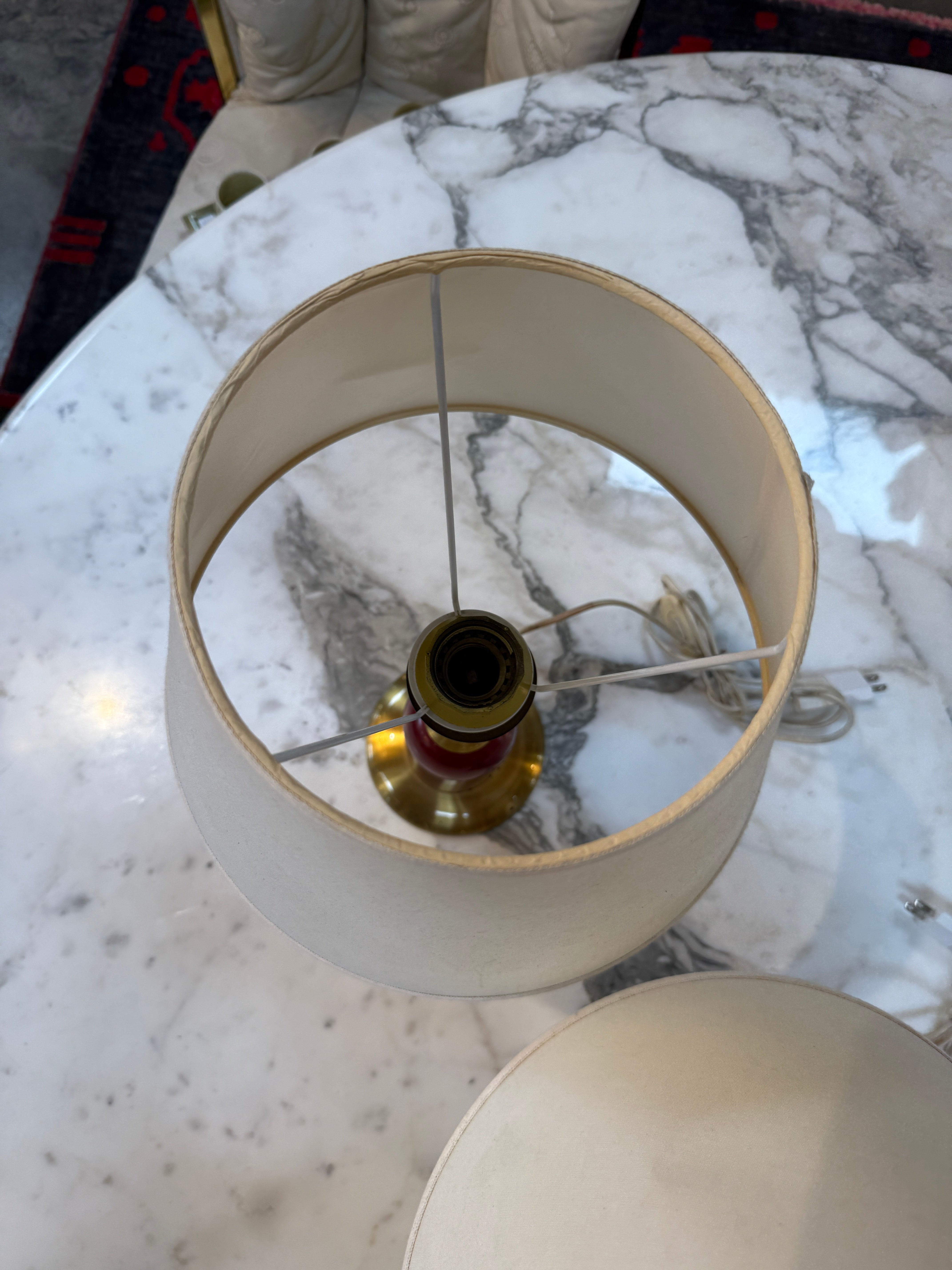 Pair of Vintage Red & Brass Table Lamps with Linen Shades