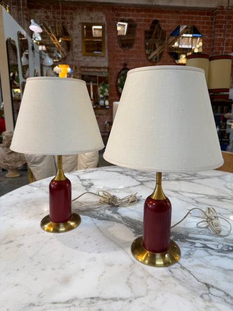 Pair of Vintage Red & Brass Table Lamps with Linen Shades
