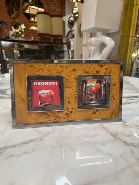 Vintage Burl Wood & Chrome Double Photo Frame