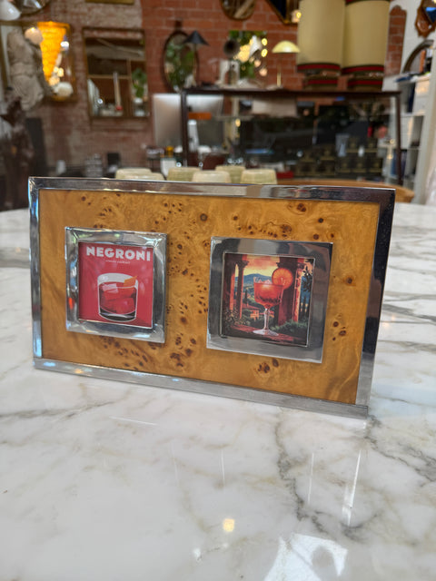 Vintage Burl Wood & Chrome Double Photo Frame