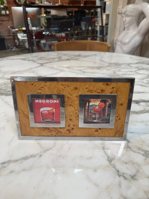 Vintage Burl Wood & Chrome Double Photo Frame