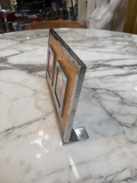Vintage Burl Wood & Chrome Double Photo Frame