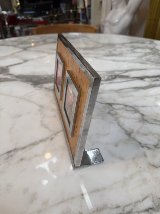 Vintage Burl Wood & Chrome Double Photo Frame